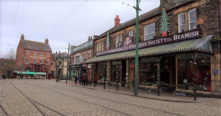 view of the 1900s town main street inside Beamish Museum